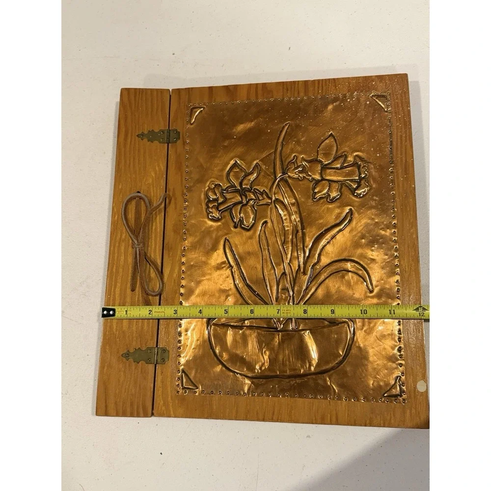 VTG Handmade Wooden & Hammered Copper Relief Floral Memory Scrapbook Book